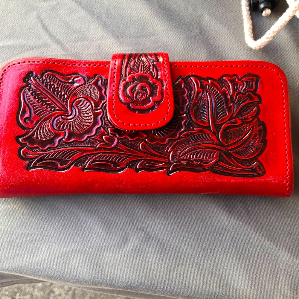 Red leather cowboy wallet floral